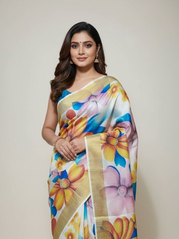 Zari border Tussar hand painted Silk saree