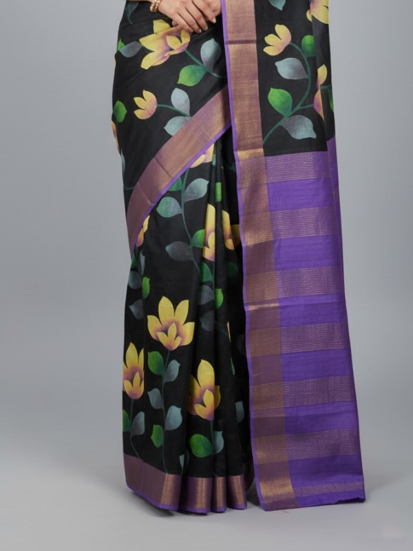 Zari border Tussar hand painted Silk saree