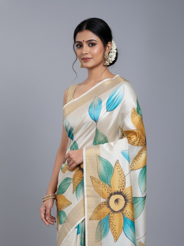 Zari border Tussar hand painted Silk saree